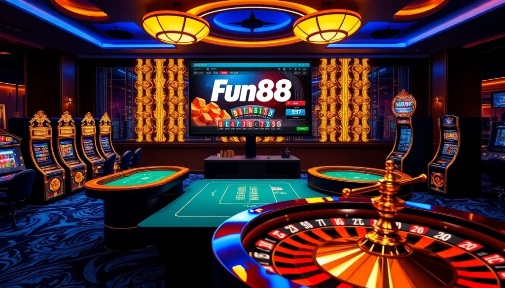 Experience Fun88 gambling excitement with vibrant casino tables and online betting interfaces.