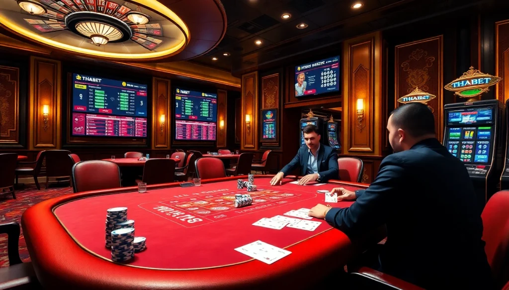 High-stakes poker gameplay at THABET casino, showcasing vibrant chips and strategic cards.