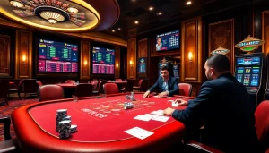 High-stakes poker gameplay at THABET casino, showcasing vibrant chips and strategic cards.