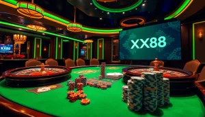 Players enjoying an exciting game at XX88 casino, featuring roulette wheels and poker chips.