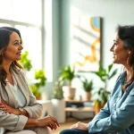 Engaging empowerment coaching session, illustrating client transformation in a bright environment.