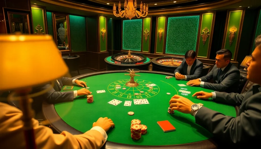 KJC poker players engaged in a high-stakes game at a luxurious casino table.