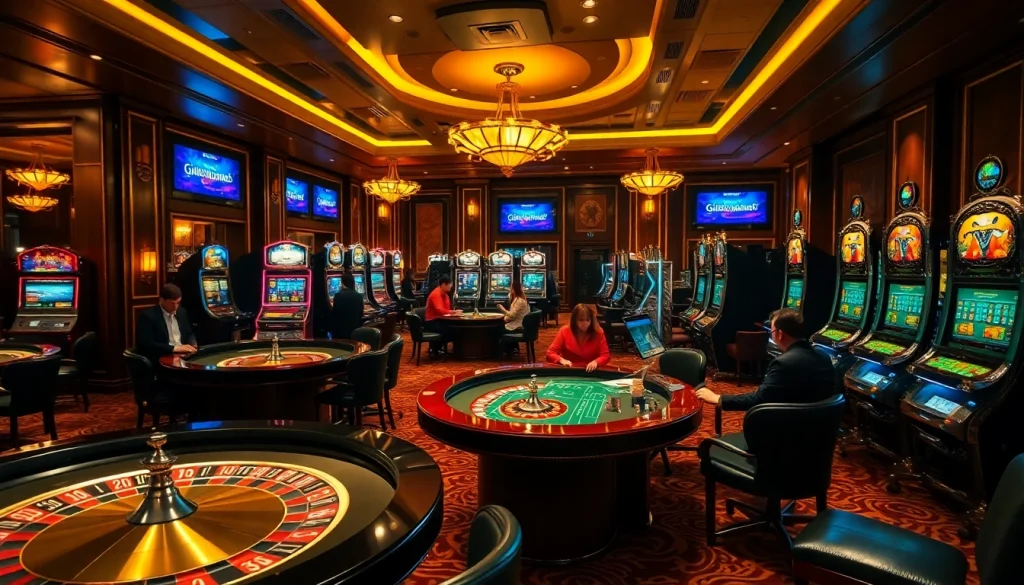 Engage with the vibrant casino experience at giaimanhacai.news featuring players at roulette and slot machines.