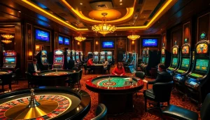 Engage with the vibrant casino experience at giaimanhacai.news featuring players at roulette and slot machines.