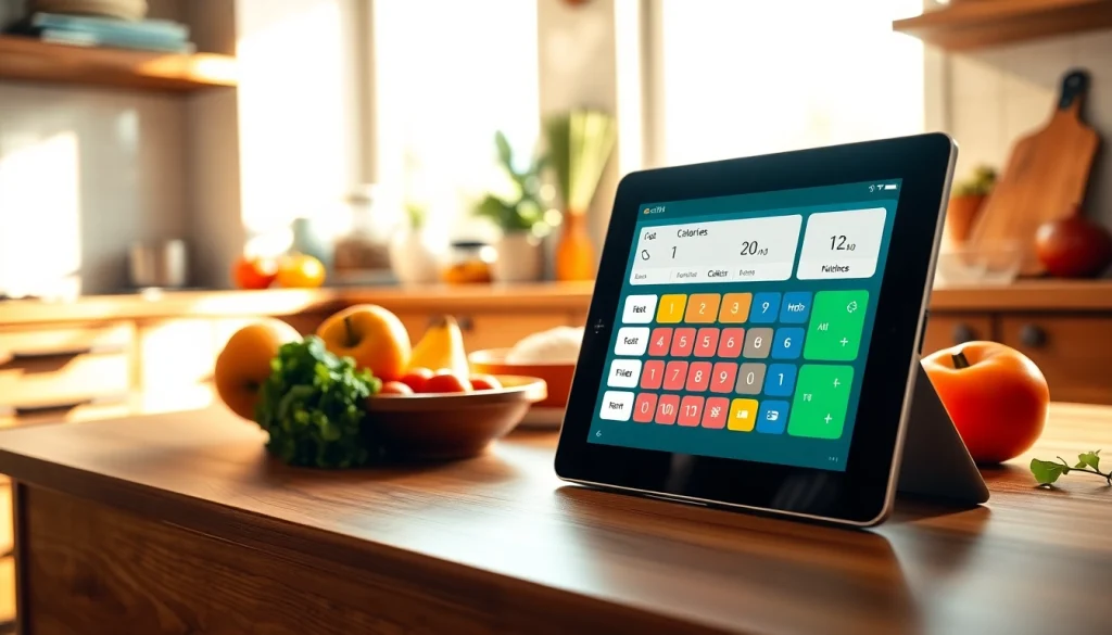 Calculate daily calories using a modern calorie calculator displayed in a warm kitchen setting.