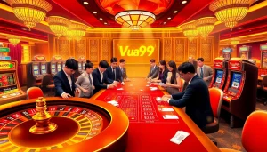 Vua99 players enjoy a thrilling game atmosphere at a casino with poker tables and slot machines.