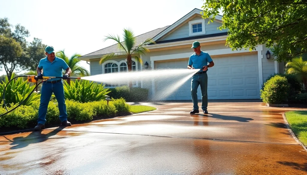 Expert pressure washing service restoring a driveway in Kissimmee, FL, showcasing effectiveness and professionalism.