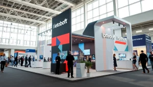 Engaging trade show booth with modern design and interactive displays in vibrant colors.