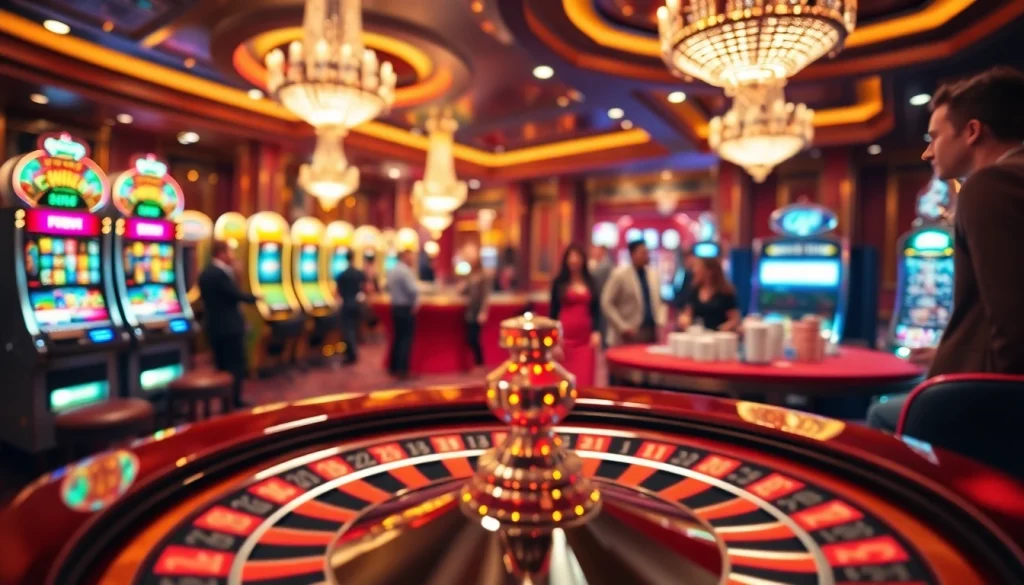 Action-packed scene illustrating obraltoto with players enjoying high-stakes roulette and colorful slot machines.