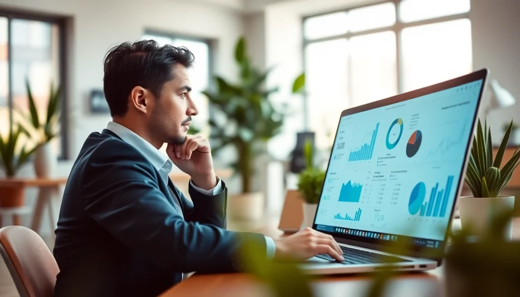 Analyze SEO data on a laptop in a modern office setting with engaging visuals.