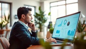 Analyze SEO data on a laptop in a modern office setting with engaging visuals.