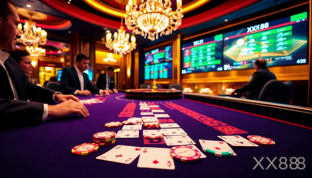 Gambling action at the XX88 baccarat table, showcasing vibrant chips and focused players.