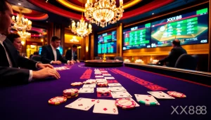 Gambling action at the XX88 baccarat table, showcasing vibrant chips and focused players.