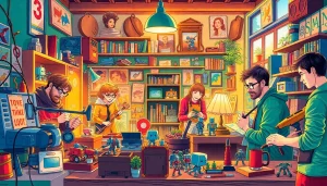 Engage with diverse niche hobbies in a vibrant workshop atmosphere, portraying creativity and community.