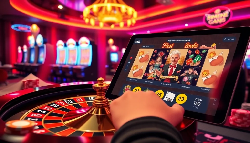 Experience excitement with W88 link mới nhất showcased amidst vibrant casino elements.