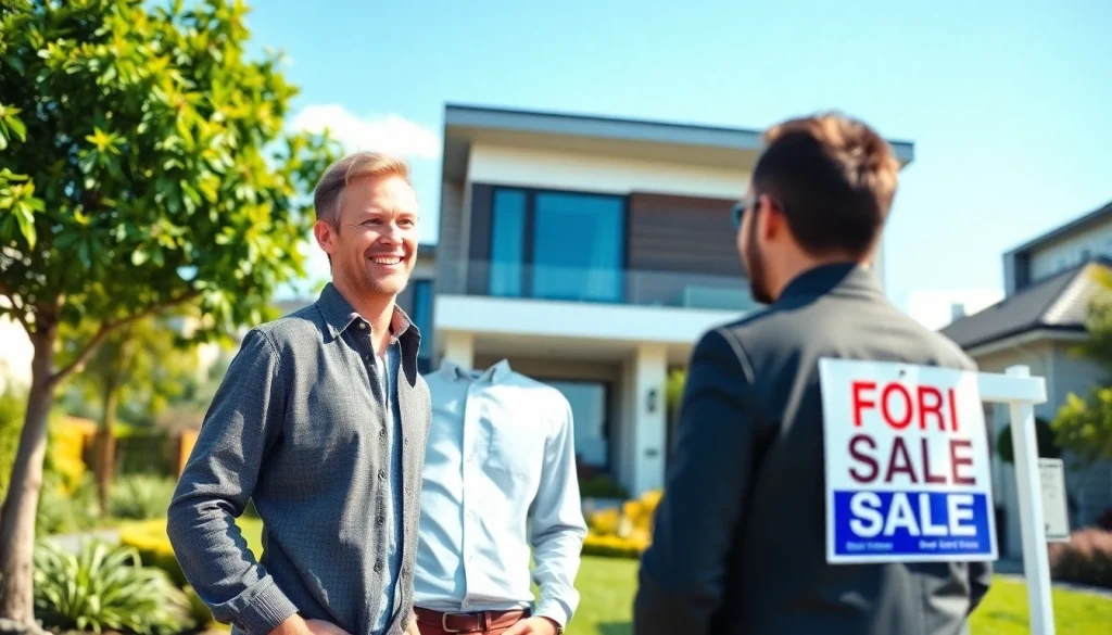 Real Estate agent engaging with clients in front of a modern home for sale.