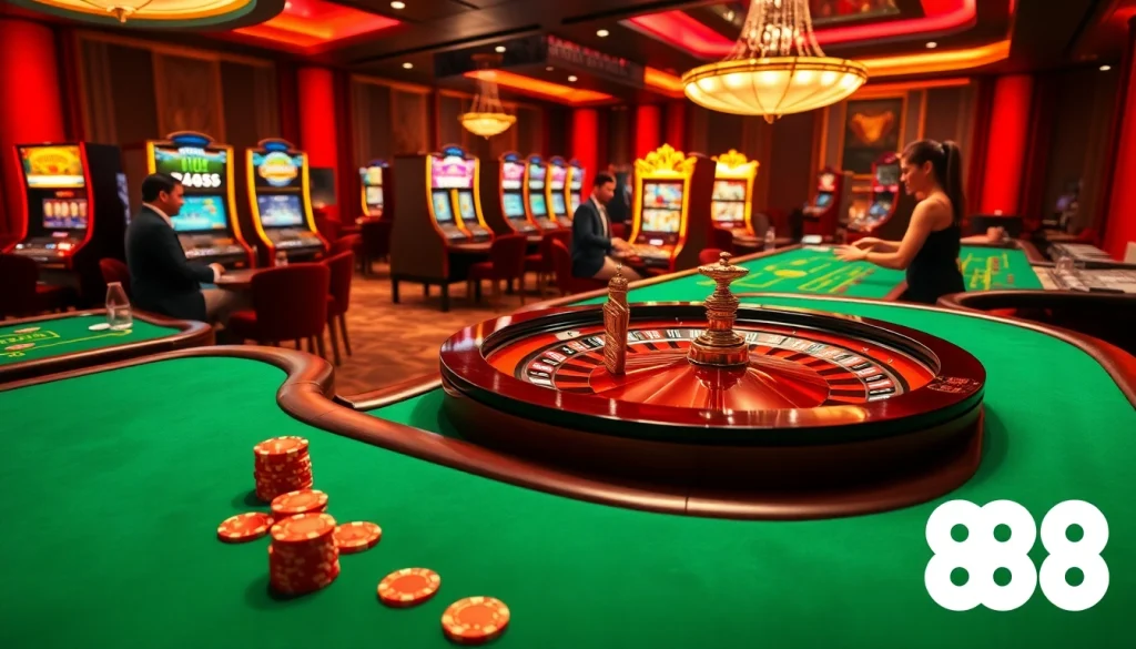 W88 players enjoying the excitement of casino games with vibrant tables and slot machines.