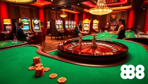 W88 players enjoying the excitement of casino games with vibrant tables and slot machines.