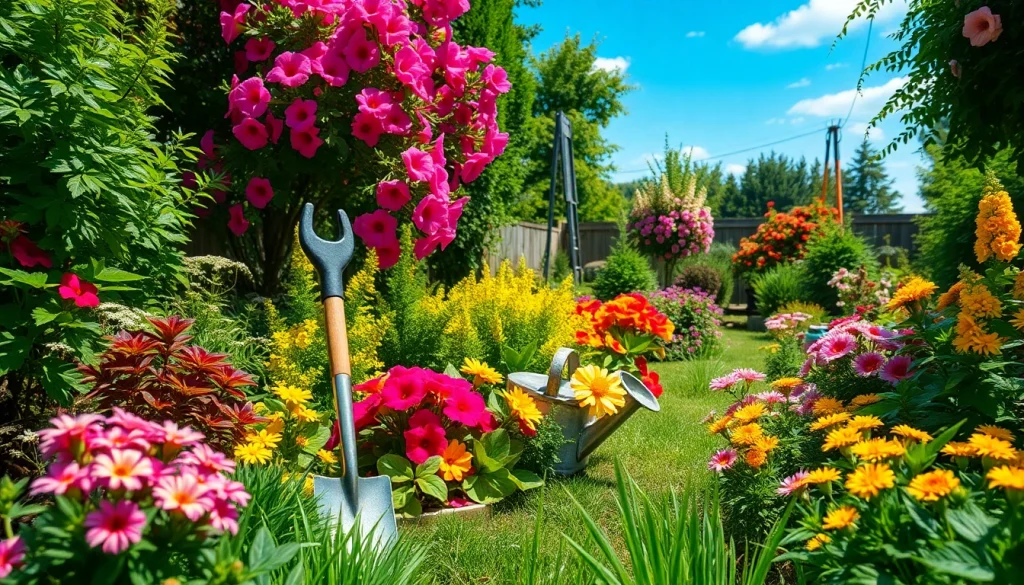 Gardening tools arranged among vibrant flowers and greenery in a picturesque garden.