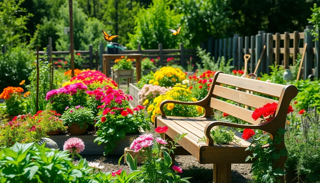 Gardening scene with vibrant plants and flowers highlighting a colorful garden.