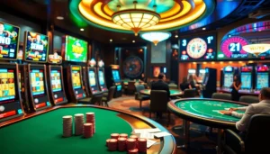 Play on the slot server kamboja no 1 with exciting glowing machines and vibrant casino tables.