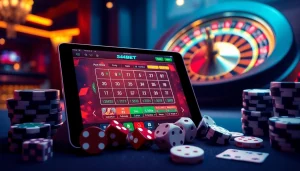A player engaging with the 54BET App, surrounded by casino elements like poker chips, cards, and a roulette wheel.