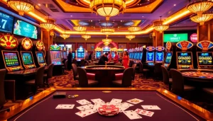 Engaging gamblers at a luxurious casino scene featuring 188bet slots, poker, and roulette tables.