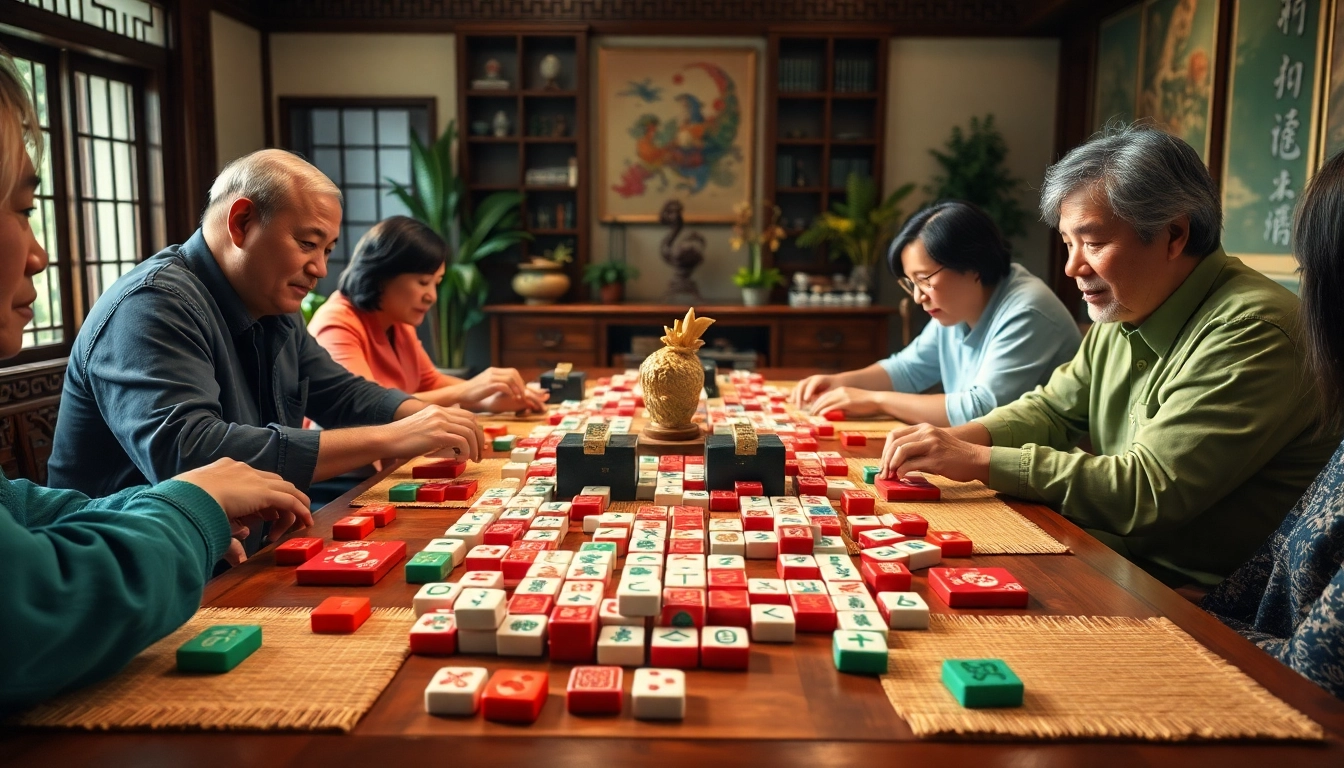 Bermain mahjong di meja dengan berbagai ubin berwarna-warni, suasana hangat, dan pemain berfokus.
