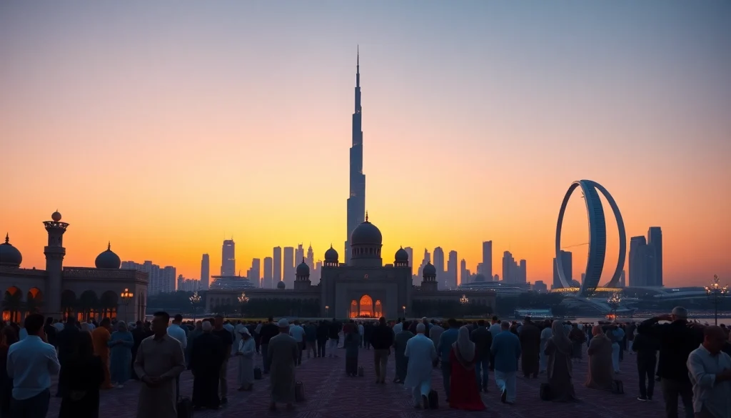Dubai prayer scene featuring a mosque against a beautiful sunset skyline in Dubai.
