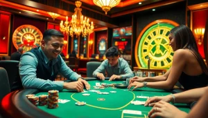 Players engaging in a thrilling poker game in an upscale casino setting, featuring birutoto elements.