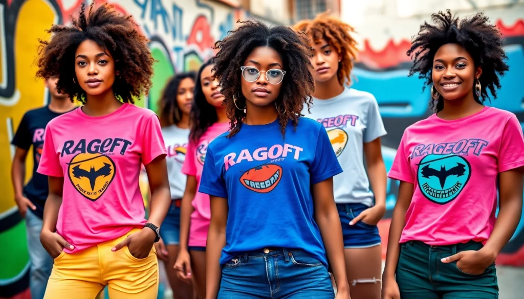 RageOff women’s t-shirts showcased by diverse models in an urban setting.