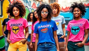 RageOff women’s t-shirts showcased by diverse models in an urban setting.