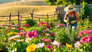 Gardening in a vibrant backyard with blooming flowers and a dedicated gardener planting seedlings.