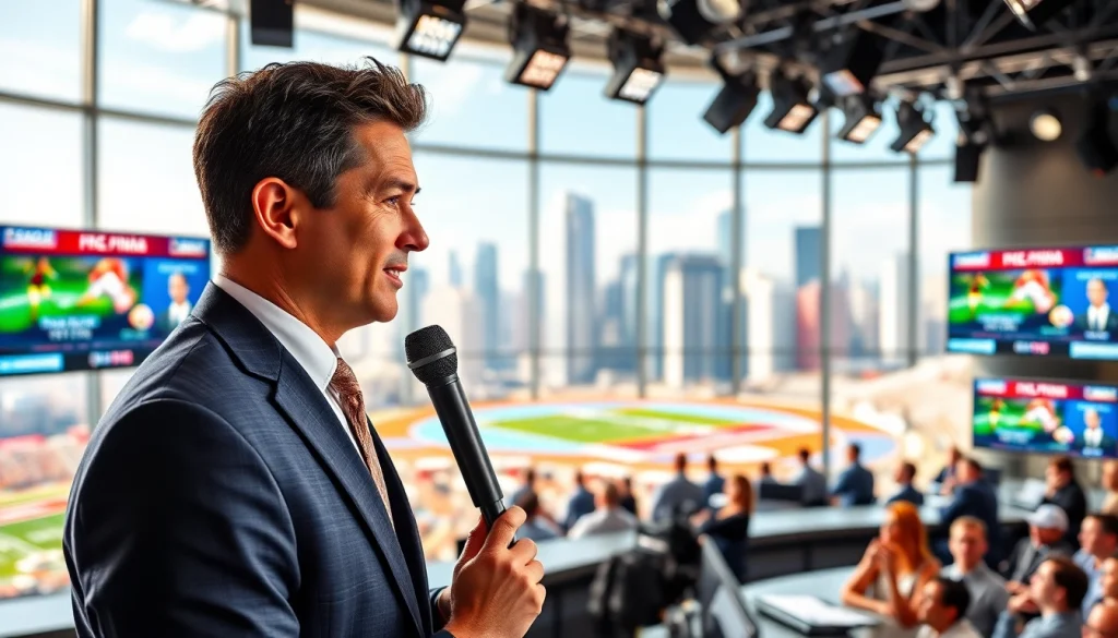 Engaging sports broadcast at https://sportnation.nz studio with dynamic host and vibrant city skyline.