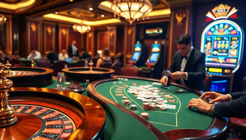 Exciting casino gaming experience featuring Kjc solutions with lively poker tables and vibrant slot machines.