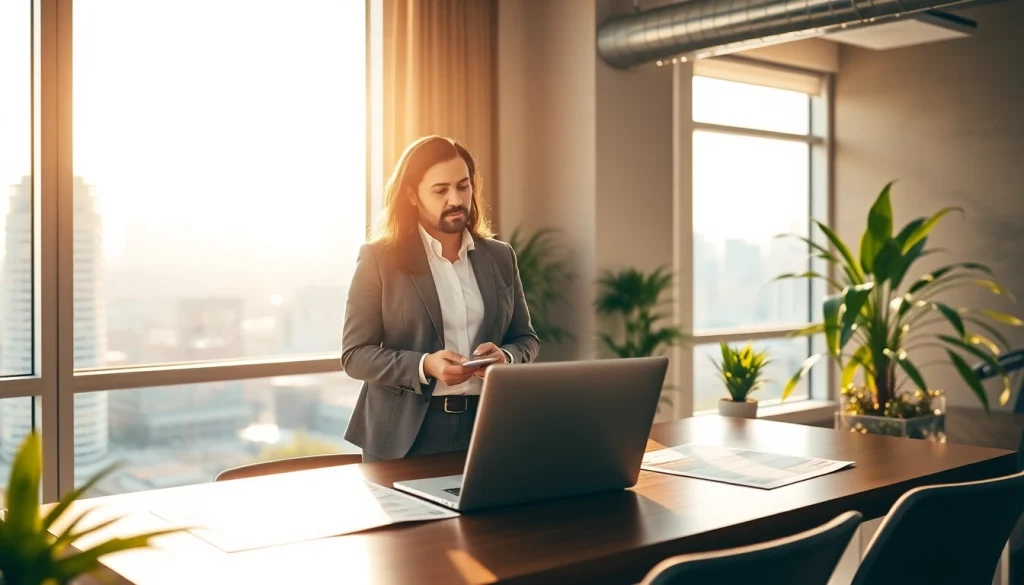 Engaging real estate agent presenting property details in a modern office setting.