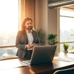 Engaging real estate agent presenting property details in a modern office setting.