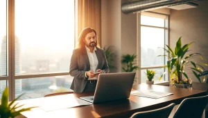 Engaging real estate agent presenting property details in a modern office setting.