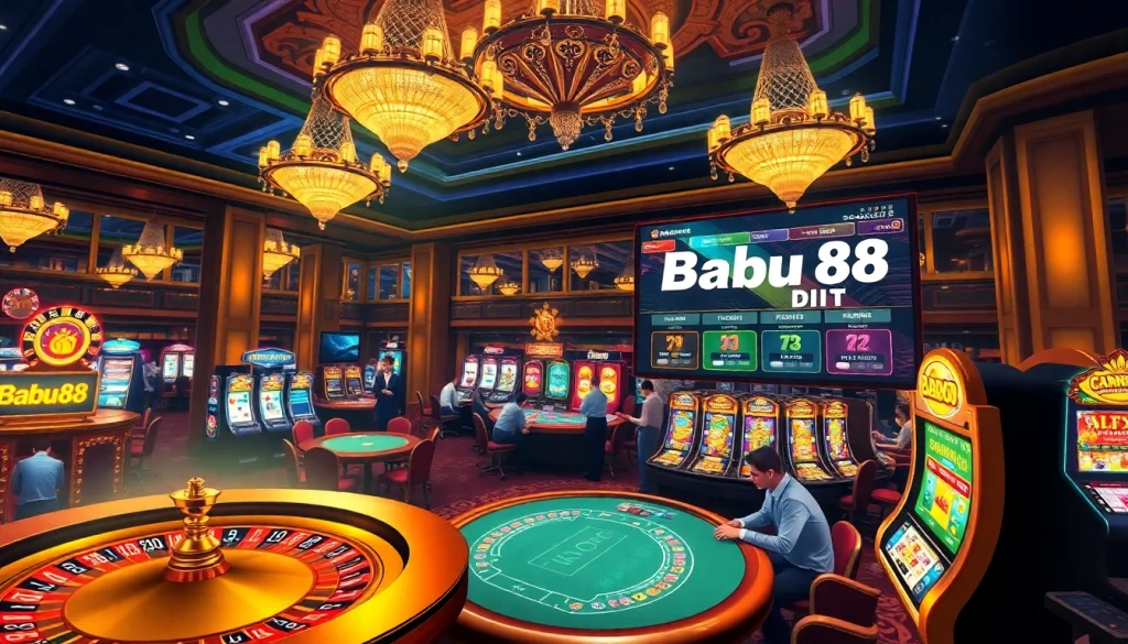 Babu88 casino scene featuring excited players at blackjack and roulette tables, showcasing luxurious gambling experiences.