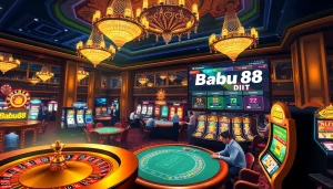 Babu88 casino scene featuring excited players at blackjack and roulette tables, showcasing luxurious gambling experiences.