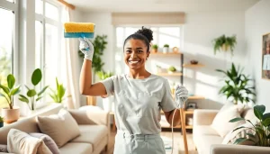 Enhance your space with our Cleaning service, featuring a professional cleaner brightening a modern home.