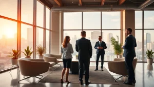 Engaging real estate agents collaborate in a modern office setting to discuss market strategies.