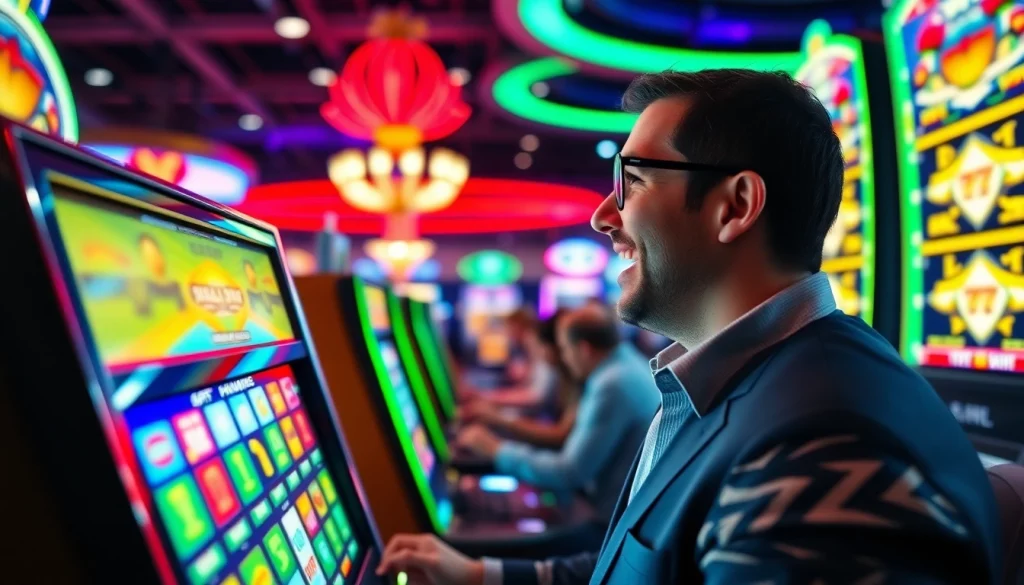 Slot deposit 1000 dengan pemain yang bersemangat di kasino yang meriah dan slot berwarna-warni.