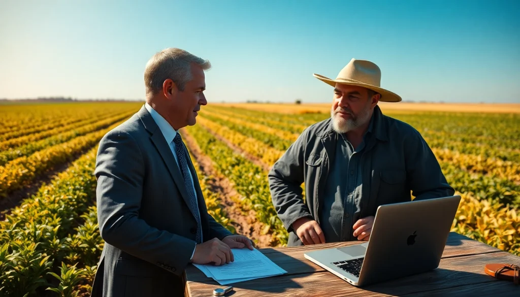 Agriculture lawyer consulting with a farmer in a sunny field, emphasizing expertise and trust.