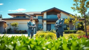 Real Estate agents welcoming clients in front of a modern property with vibrant landscaping.