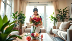 Dedicated Filipino maid skillfully arranging flowers in a warm, inviting living room.