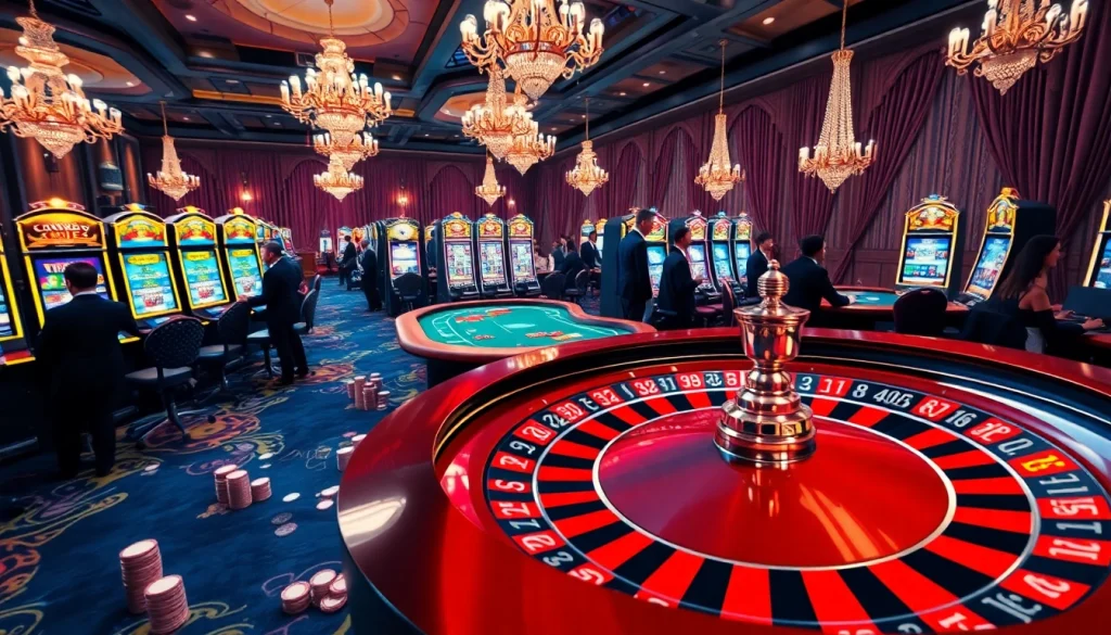 F168 casino scene featuring roulette wheel and slot machines in an opulent setting.