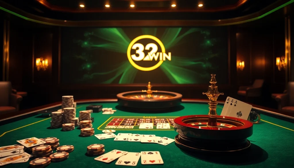 Engaging setup of a casino scene highlighting Nhà Cái 32WIN with luxurious poker chips and roulette wheel.