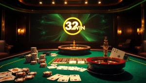 Engaging setup of a casino scene highlighting Nhà Cái 32WIN with luxurious poker chips and roulette wheel.