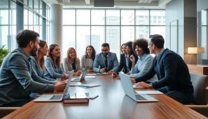 Agency team engaged in dynamic discussions in a modern office setting.